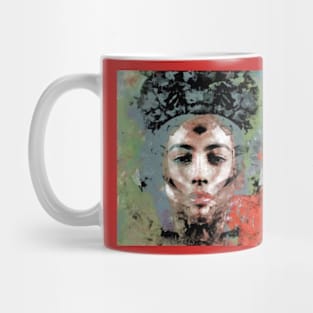 Beautiful girl face, ovarlay with some shapes. Gray, red. Interesting. Mug